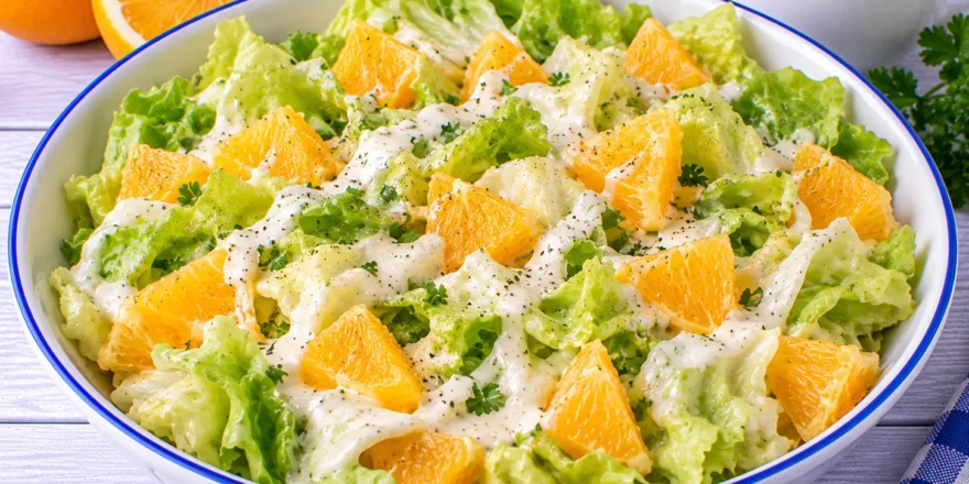 Frischer Kopfsalat mit Orangenstücken und cremigem Sahnedressing.