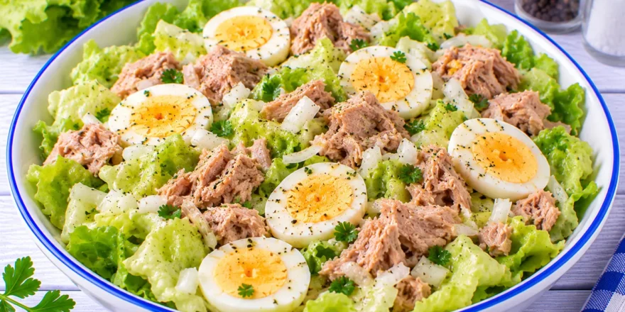 Frischer Kopfsalat mit Thunfischstücken, Eierscheiben und fein geschnittenen Zwiebeln.