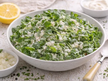 Kressesalat mit cremigem Joghurt-Dressing und Einmachzwiebeln in einer weißen Schüssel auf weißem Holzhintergrund
