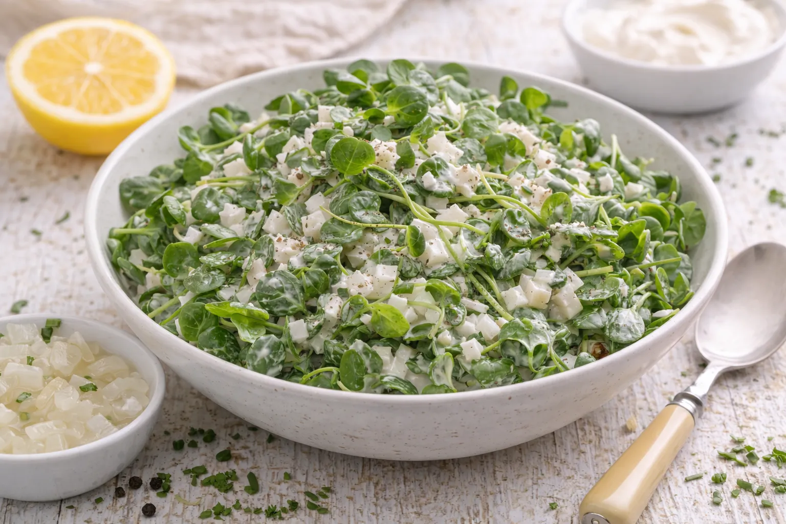 Kressesalat mit cremigem Joghurt-Dressing und Einmachzwiebeln in einer weißen Schüssel auf weißem Holzhintergrund