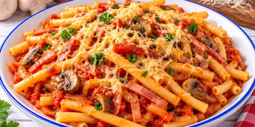 Lange Makkaroni in Tomatensoße mit Schinkenstreifen, Pilzen und geriebenem Käse.