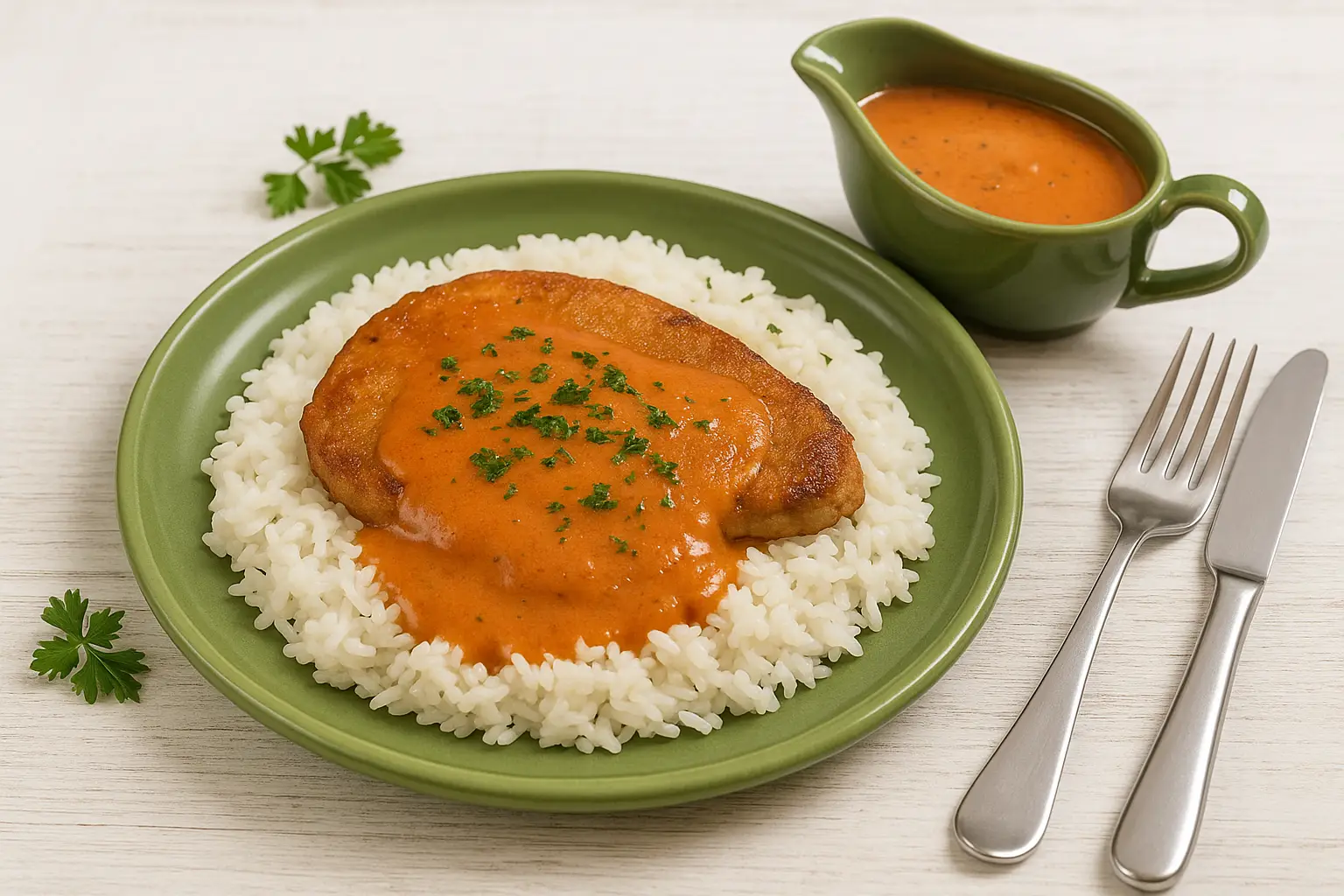  Gebratenes Naturschnitzel auf Reis, mit französischer Tomatensoße und Petersilie, serviert auf grünem Teller, daneben eine Sauciere mit Soße.
