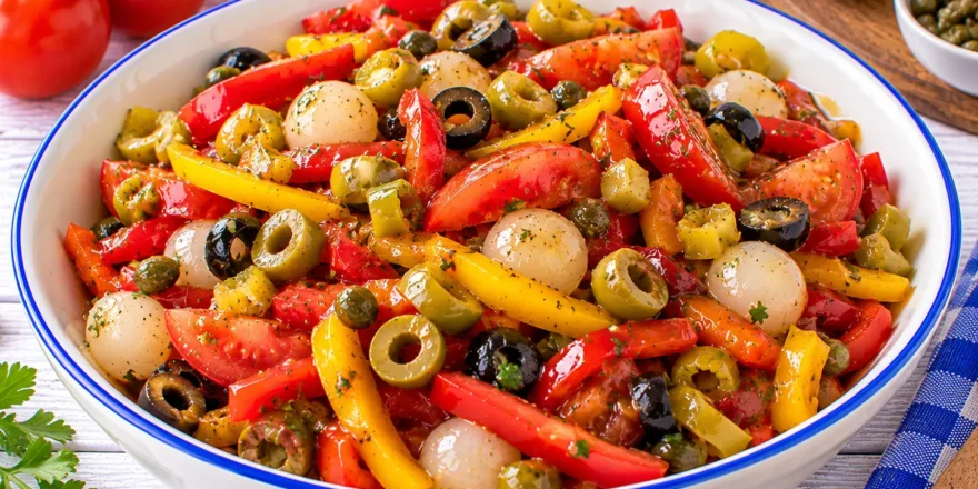 Orientalischer Salat – Pikant mit Paprika, Oliven und Peperoni Orientalischer Salat ist eine farbenfrohe und würzige Mischung aus Tomaten, Paprika, Einmachzwiebeln, Peperoni und Oliven. Die verschiedenen Gemüse sorgen für knackige und saftige Komponenten, während eine pikante Salatsoße aus Ketchup, Senf, Essig und Öl den kräftigen Geschmack bestimmt. Die Kombination aus Tomaten und Paprika bildet die frische Grundlage. Dazu kommen kleine Einmachzwiebeln mit ihrer süß-säuerlichen Würze sowie Oliven, die dem Salat eine herzhafte Note verleihen. Für eine leichte Schärfe sorgen Peperoni. Je nach Sorte kann der Salat mild-pikant oder deutlich kräftiger ausfallen. Wer es weniger scharf mag, greift zu milden eingelegten Peperoni. Ungewöhnlich und besonders würzig ist das Ketchup-Senf-Dressing. Die leichte Süße des Ketchups trifft auf die Schärfe des Senfs und die Säure des Essigs. Dadurch entsteht ein kräftiges Dressing, das gut zu den verschiedenen Gemüsesorten passt. Der Salat eignet sich als Beilage zu gebratenem oder gegrilltem Fleisch, zu einer kalten Platte oder zusammen mit frischem Brot als kleiner Imbiss. Portionen: 4 Vorbereitungszeit: ca. 20 Minuten Kühlzeit: ca. 30 Minuten Schwierigkeitsgrad: ★☆☆☆☆ (1 von 5) Kalorien pro Portion: ca. 210 kcal Zutaten 100 g Tomaten 100 g Paprikaschoten 60 g Einmachzwiebeln 60 g Peperoni 60 g Oliven 4 Esslöffel Speiseöl 4 Esslöffel Ketchup 1 Esslöffel Senf Essig nach Geschmack Salz Optional 1–2 Esslöffel Kapern Hinweis: In der historischen Zubereitung werden Kapern erwähnt, in der ursprünglichen Zutatenliste fehlt jedoch eine Mengenangabe. Zubereitung Tomaten waschen und je nach Größe in 6–8 schmale Spalten schneiden. Paprikaschoten waschen, halbieren und Kerne sowie weiße Innenhäute entfernen. Paprika in schmale Streifen schneiden. Einmachzwiebeln abtropfen lassen und vierteln. Oliven ebenfalls abtropfen lassen und in Scheiben schneiden. Peperoni putzen und fein hacken. Falls Kapern verwendet werden, diese ebenfalls fein hacken. Tomaten, Paprika, Einmachzwiebeln, Oliven und Peperoni in eine Salatschüssel geben. Speiseöl, Ketchup, Senf und etwas Essig gründlich miteinander verrühren. Das Dressing mit Salz abschmecken. Die Salatsoße über das vorbereitete Gemüse geben. Alles vorsichtig miteinander vermischen und vor dem Servieren etwa 30 Minuten kalt stellen. Rezepttipps Rote und grüne Paprikaschoten sorgen für ein besonders farbenfrohes Ergebnis. Bei sehr scharfen Peperoni zunächst eine kleinere Menge verwenden. Grüne und schwarze Oliven können miteinander kombiniert werden. Das Dressing sollte würzig, leicht säuerlich und etwas pikant schmecken. Bunter Salat mit Tomaten, Paprikastreifen, Oliven, Peperoni und Einmachzwiebeln.