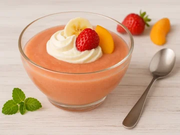 Passiertes Obstpüree aus gemischten Früchten, garniert mit Schlagsahne und frischem Obst im Glas serviert