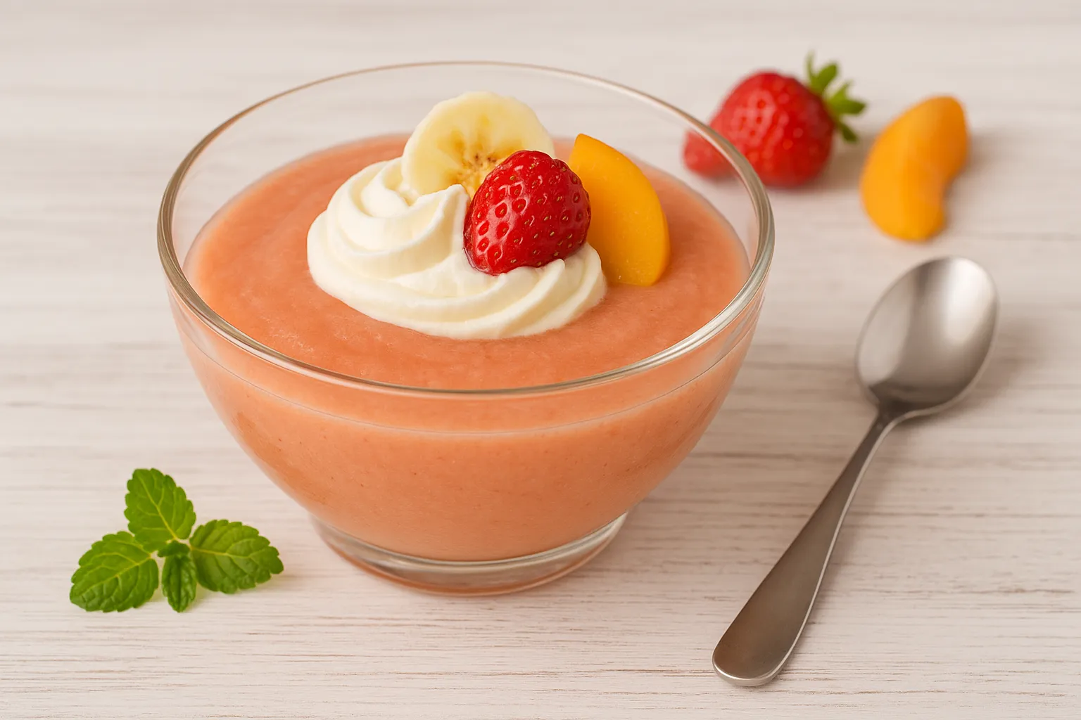 Passiertes Obstpüree aus gemischten Früchten, garniert mit Schlagsahne und frischem Obst im Glas serviert