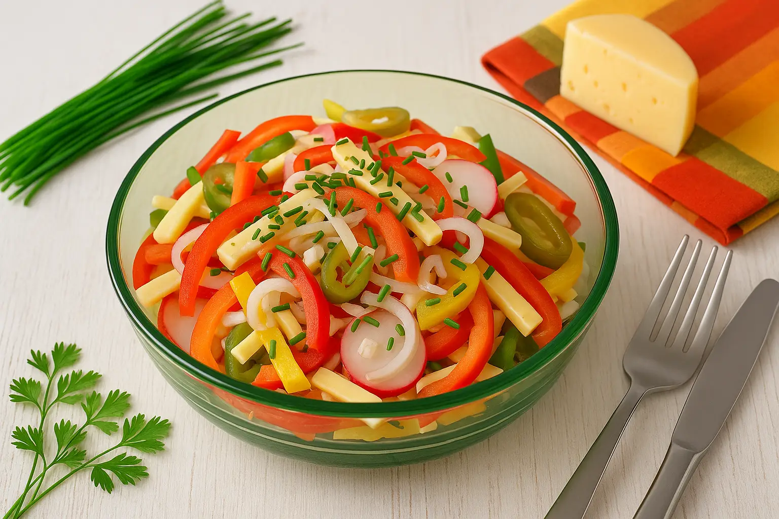  Peperonisalat mit Käse und Paprika in grüner Glasschüssel, serviert auf weißem Holztisch, dekoriert mit Schnittlauch und Käse.