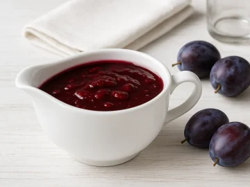 Weiße Sauciere mit fruchtiger Pflaumensoße auf weißem Holzhintergrund, dekoriert mit frischen Pflaumen