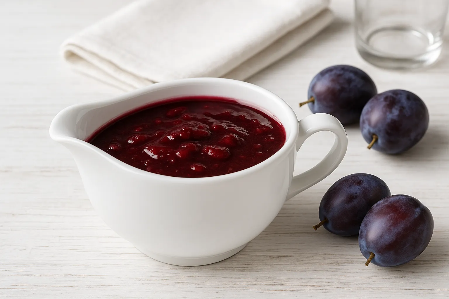 Weiße Sauciere mit fruchtiger Pflaumensoße auf weißem Holzhintergrund, dekoriert mit frischen Pflaumen