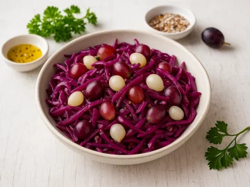 Rotkohlsalat mit Weintrauben und Einmachzwiebeln in heller Schüssel auf weißem Holzhintergrund