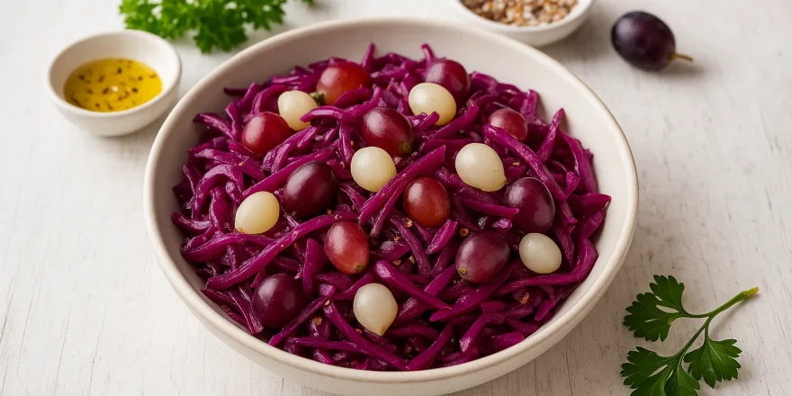 Rotkohlsalat mit Weintrauben und Einmachzwiebeln in heller Schüssel auf weißem Holzhintergrund