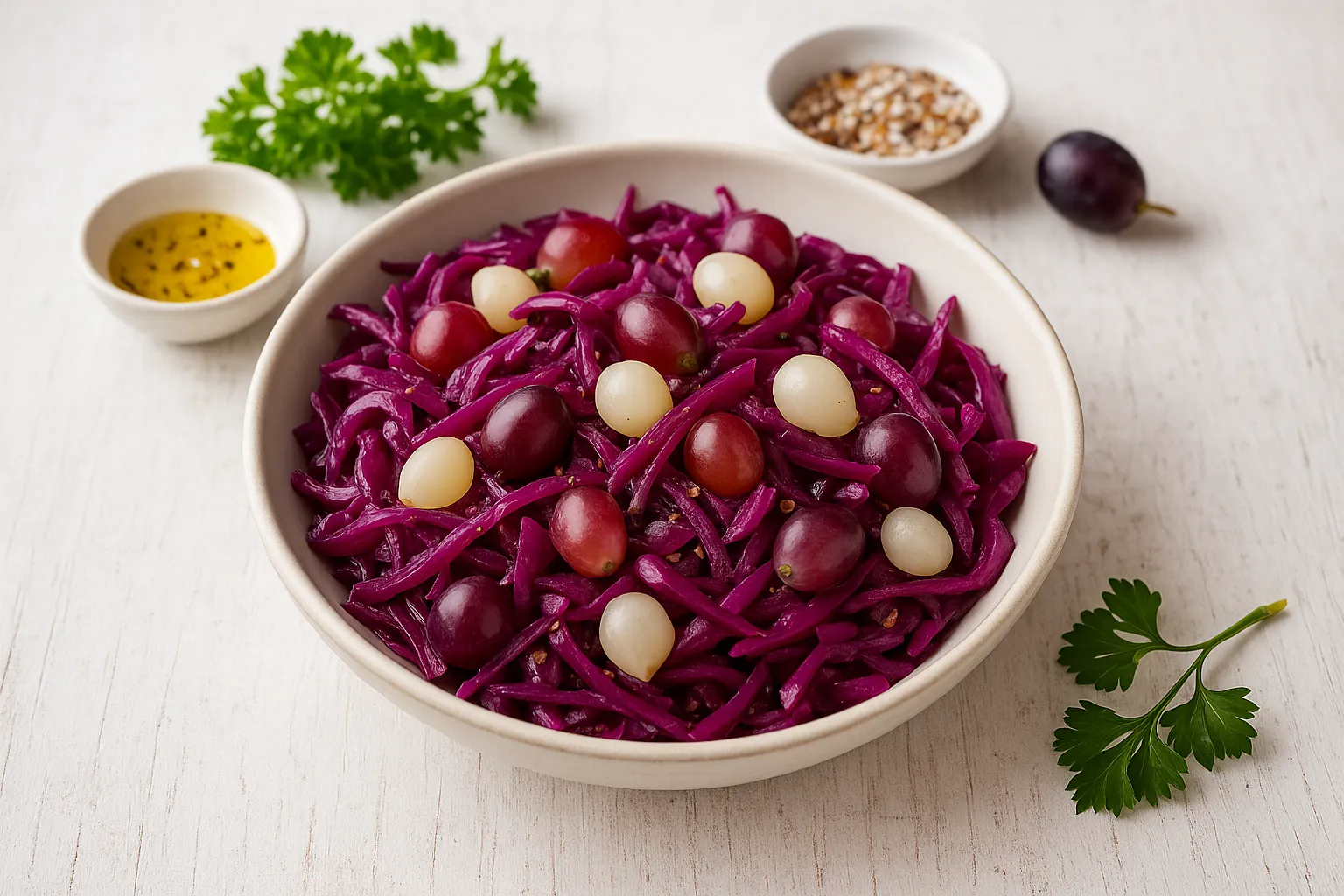 Rotkohlsalat mit Weintrauben und Einmachzwiebeln in heller Schüssel auf weißem Holzhintergrund