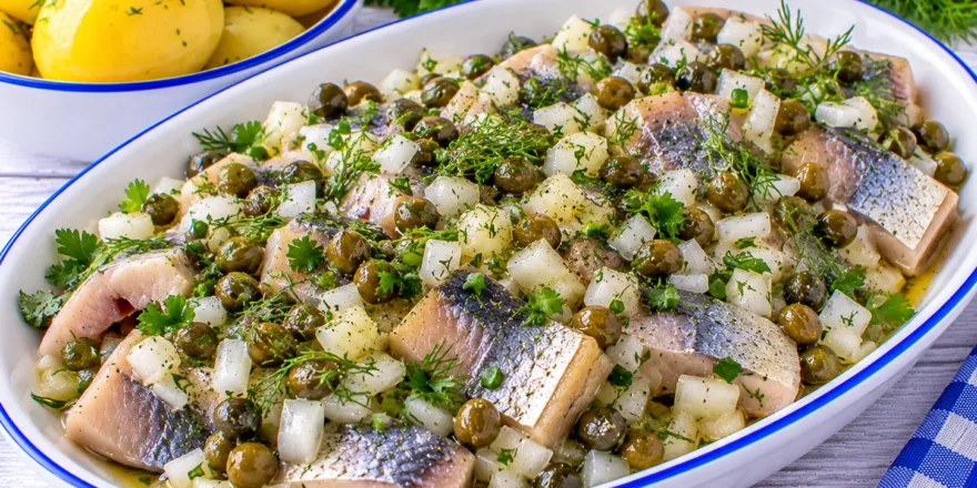 Heringsstücke mit Zwiebeln, Kapern, Dill, Petersilie und leicht gebräunter Butter.