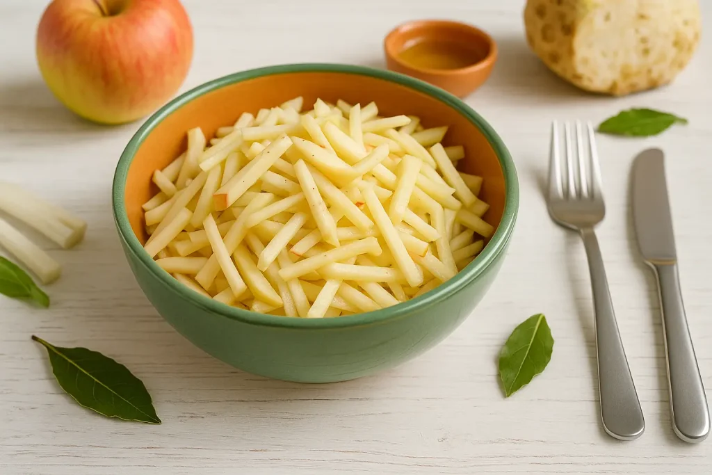  Selleriesalat mit Apfel in einer bunten Schüssel auf weißem Holztisch, dekoriert mit Besteck, Lorbeerblatt und frischen Äpfeln.