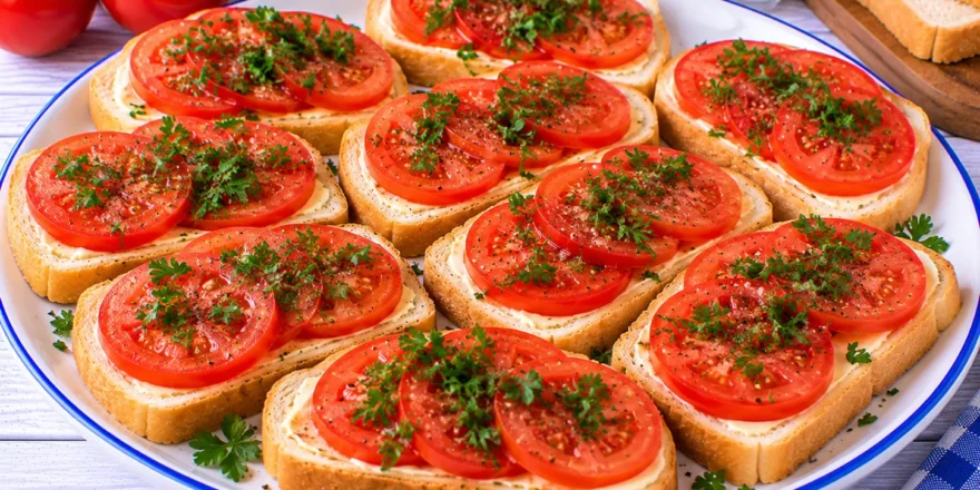 Tomatensandwiches mit frischen Tomatenscheiben, Butter, Petersilie und Pfeffer.