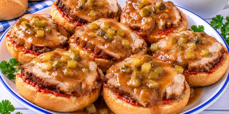 Überbackene Brötchenhälften mit Schweinebraten, Bratentunke und sauren Gurken.