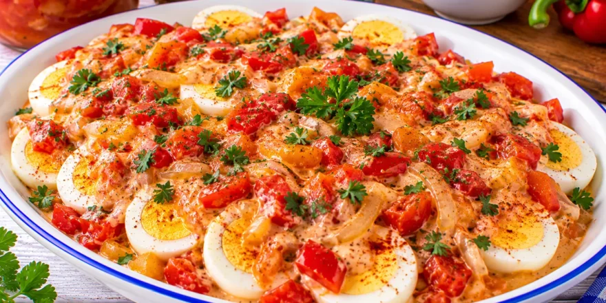 Ungarische Eierplatte mit Eierscheiben, Letscho, Zwiebeln, Mayonnaise und Petersilie.
