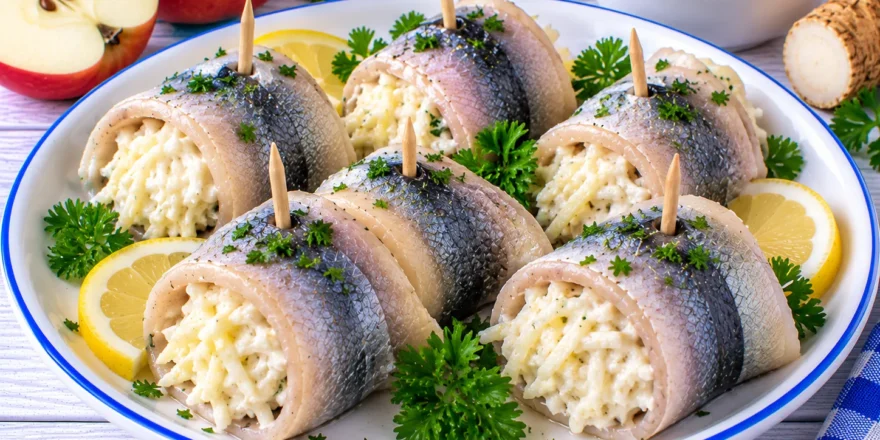 Aufgerollte Heringsfilets mit cremiger Apfel-Meerrettich-Füllung.