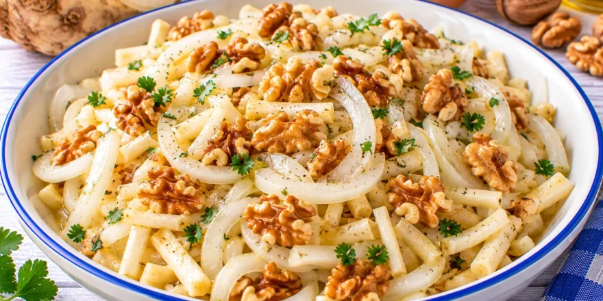 Zwiebelsalat mit feinen Selleriestiften, Zwiebelstreifen und gehackten Walnüssen.