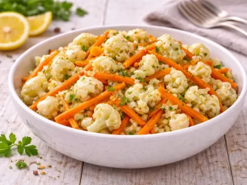Blumenkohlsalat mit Karotten und Zitronen-Vinaigrette in moderner Salatschüssel auf hellem Holztisch