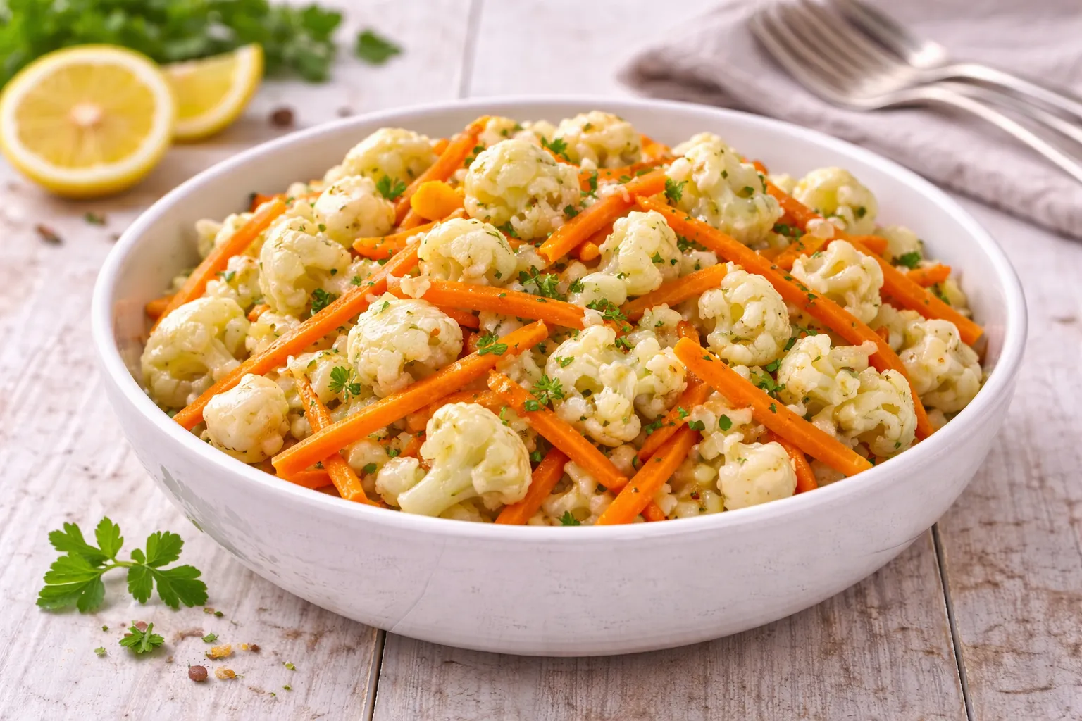 Blumenkohlsalat mit Karotten und Zitronen-Vinaigrette in moderner Salatschüssel auf hellem Holztisch