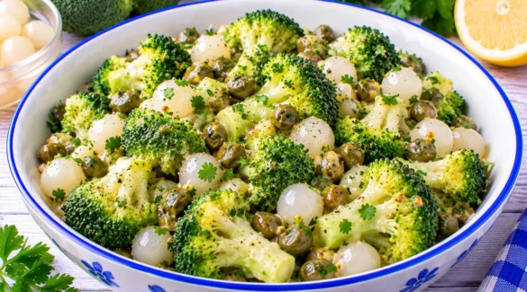 Grüner Brokkolisalat mit Kapern, Einmachzwiebeln, Petersilie und Senf-Zitronen-Dressing.