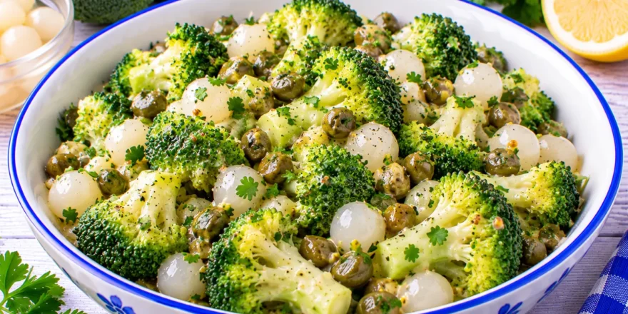 Grüner Brokkolisalat mit Kapern, Einmachzwiebeln, Petersilie und Senf-Zitronen-Dressing.