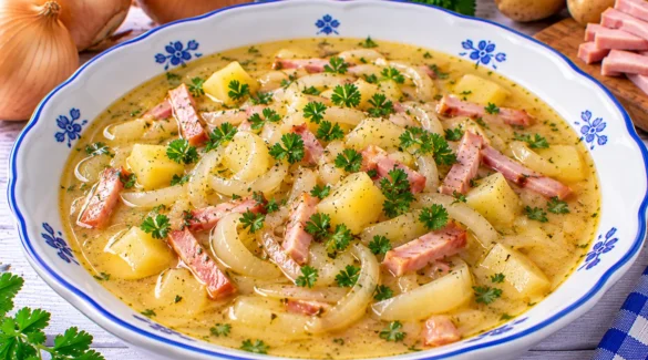 Elsässische Zwiebelsuppe mit Zwiebeln, Kartoffelwürfeln, Kochschinken und Petersilie.