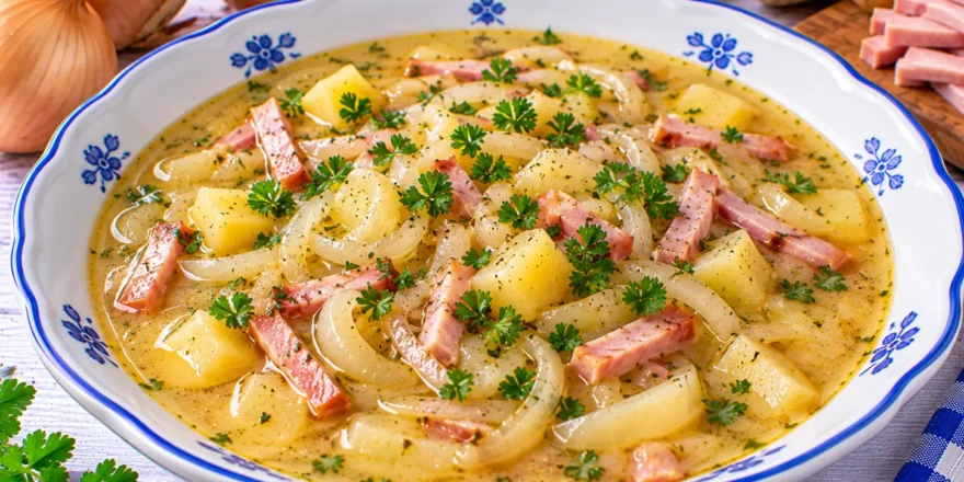 Elsässische Zwiebelsuppe mit Zwiebeln, Kartoffelwürfeln, Kochschinken und Petersilie.