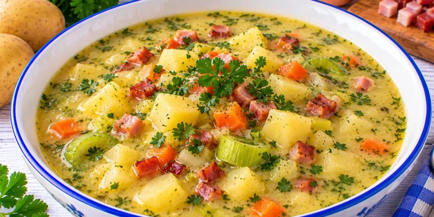 Cremige Kartoffelsuppe mit Gemüse, Schinkenspeck und reichlich frischen grünen Kräutern.