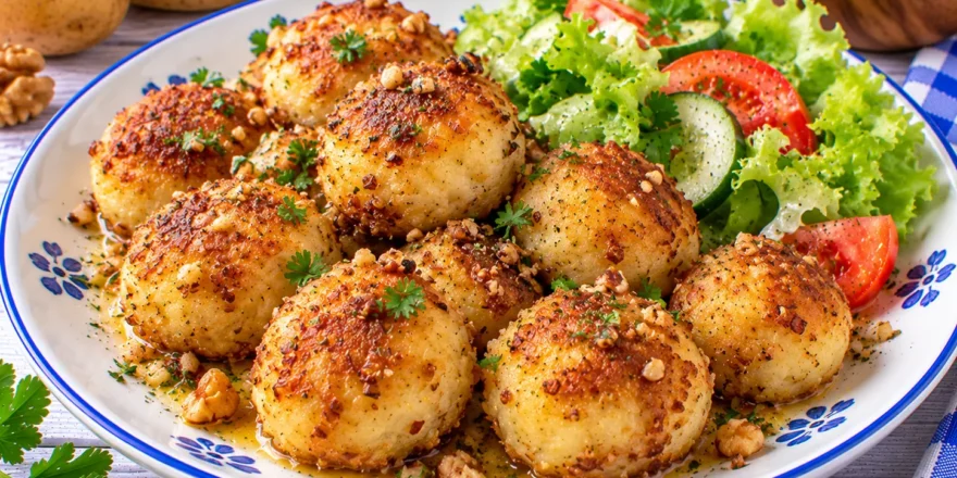 Goldbraun gebratene Kartoffelbrei-Klößchen mit gehackten Nüssen und gebräunter Butter.