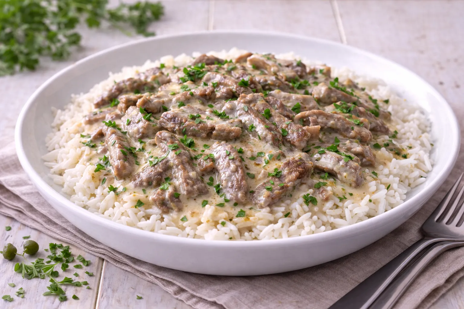 Majoranfleisch aus Rindfleischstreifen in Majoransoße mit saurer Sahne auf weißem Teller mit Reis