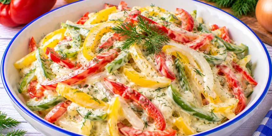 Bunte Paprikastreifen mit cremiger Joghurt-Eiertunke und frischem Dill.