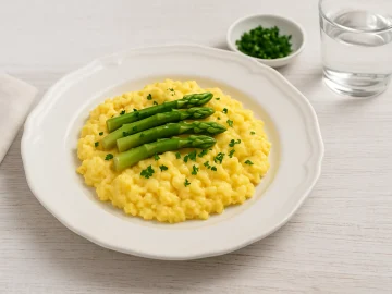 Cremiges Rührei mit Spargelspitzen und Petersilie auf weißem Teller