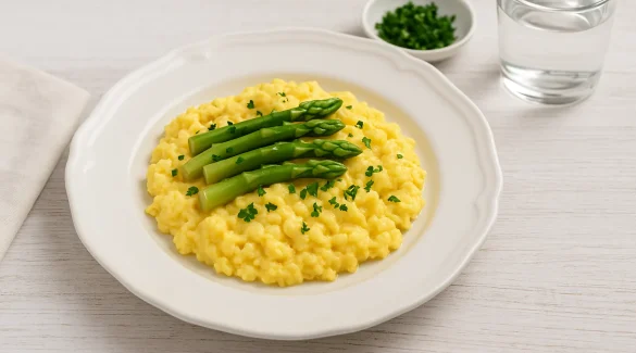 Cremiges Rührei mit Spargelspitzen und Petersilie auf weißem Teller