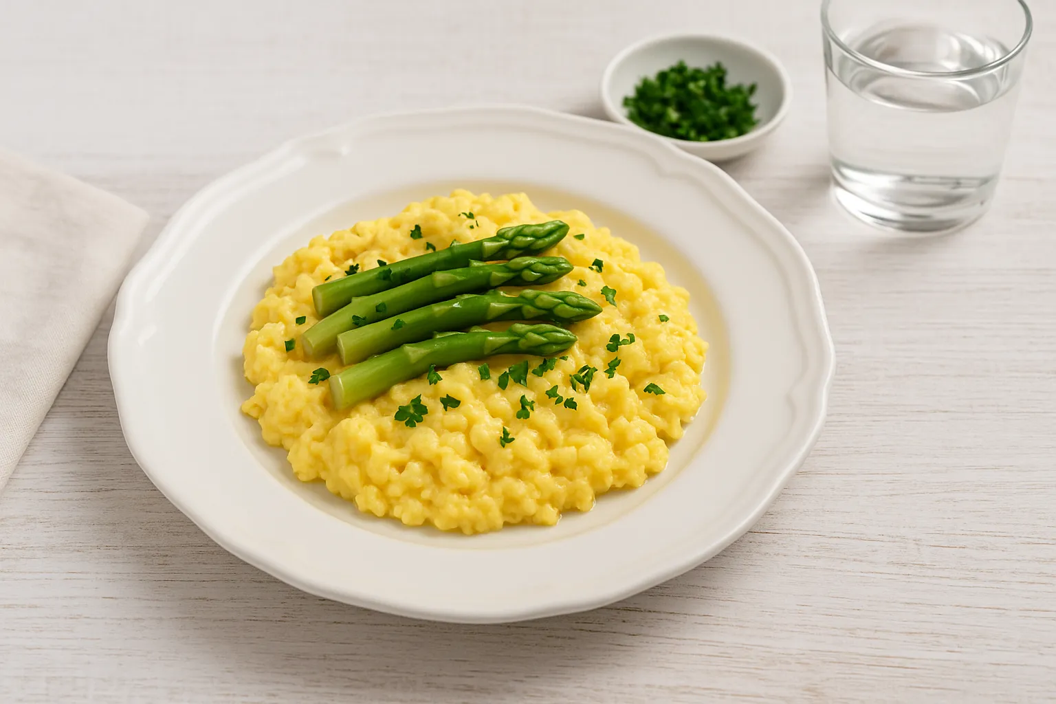 Cremiges Rührei mit Spargelspitzen und Petersilie auf weißem Teller