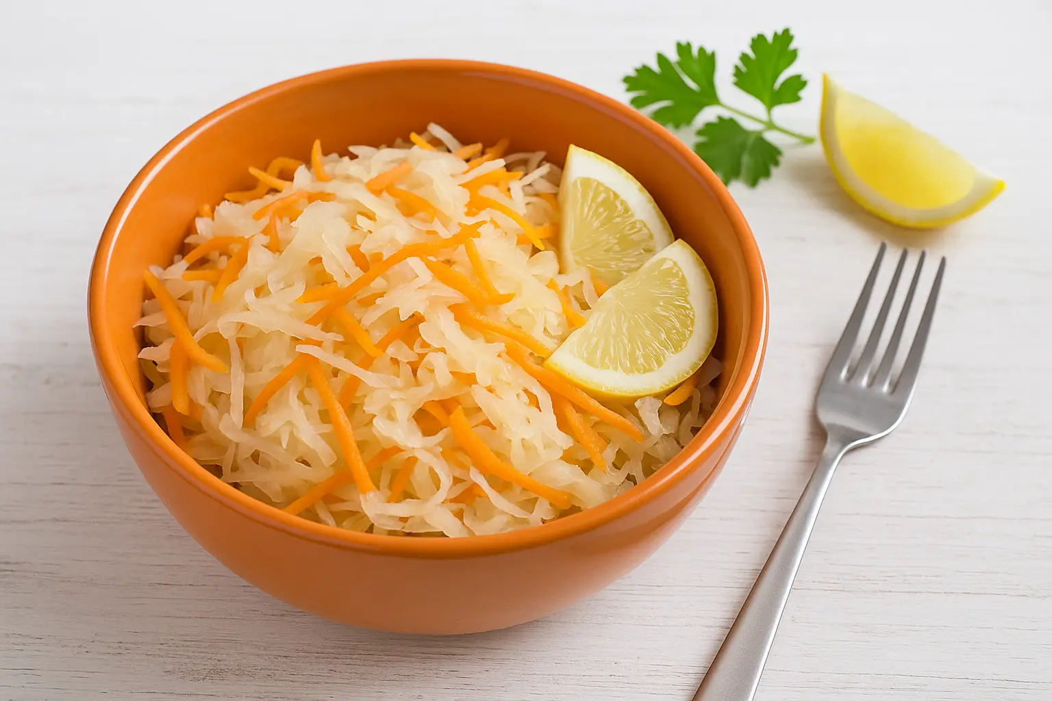 Sauerkrautsalat mit Karotten in orangefarbener Schüssel auf weißem Holztisch, dekoriert mit Zitrone und Petersilie.