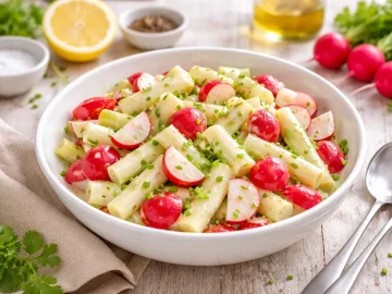 Spargelsalat mit Radieschen in einer weißen Schüssel auf hellem Holzhintergrund mit frischer Dekoration