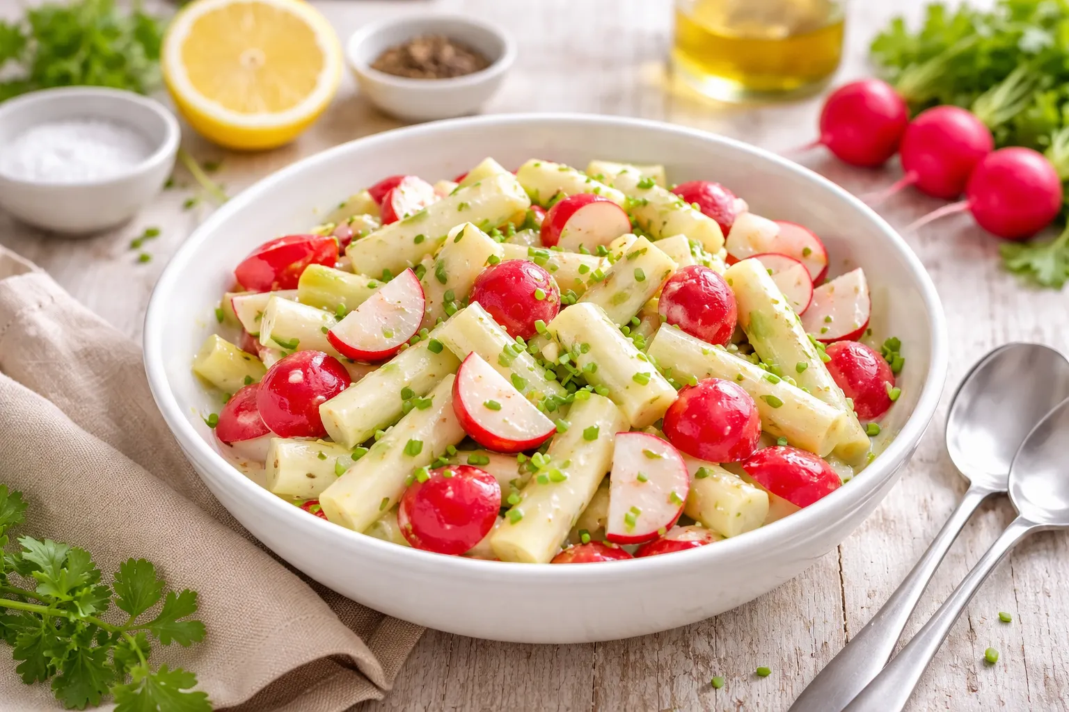 Spargelsalat mit Radieschen in einer weißen Schüssel auf hellem Holzhintergrund mit frischer Dekoration