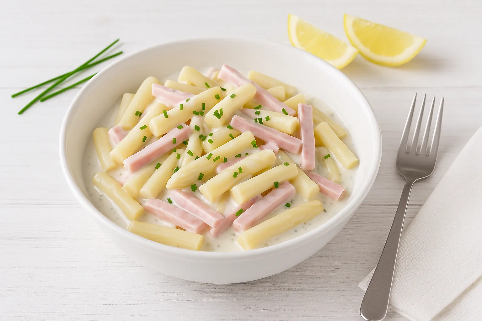 Spargelsalat mit Schinken in einer weißen Schüssel mit cremiger Soße, Schnittlauch und heller Tischdekoration