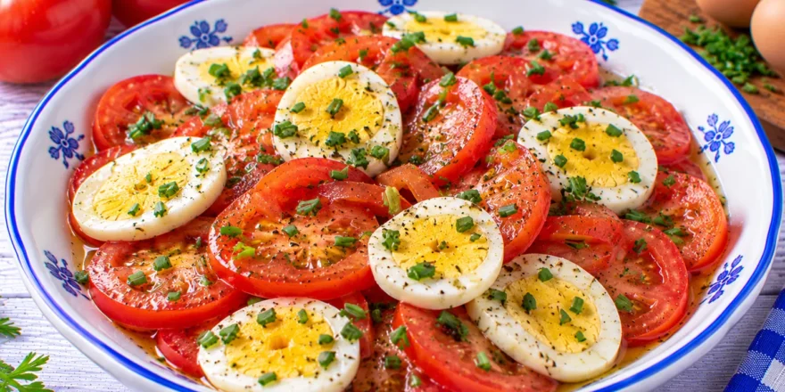 Tomatensalat mit hartgekochten Eierscheiben, Schnittlauch und Zitronendressing.