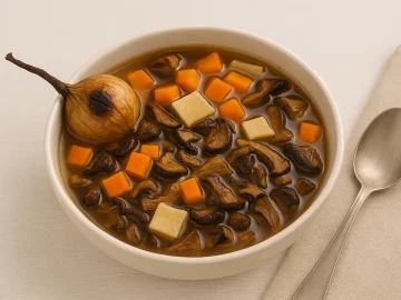 Weihnachtspilzsuppe mit Steinpilzen, Möhren und Nudelflecken in weißer Suppenschale auf hellem Untergrund mit Löffel und gebräunter Zwiebel.