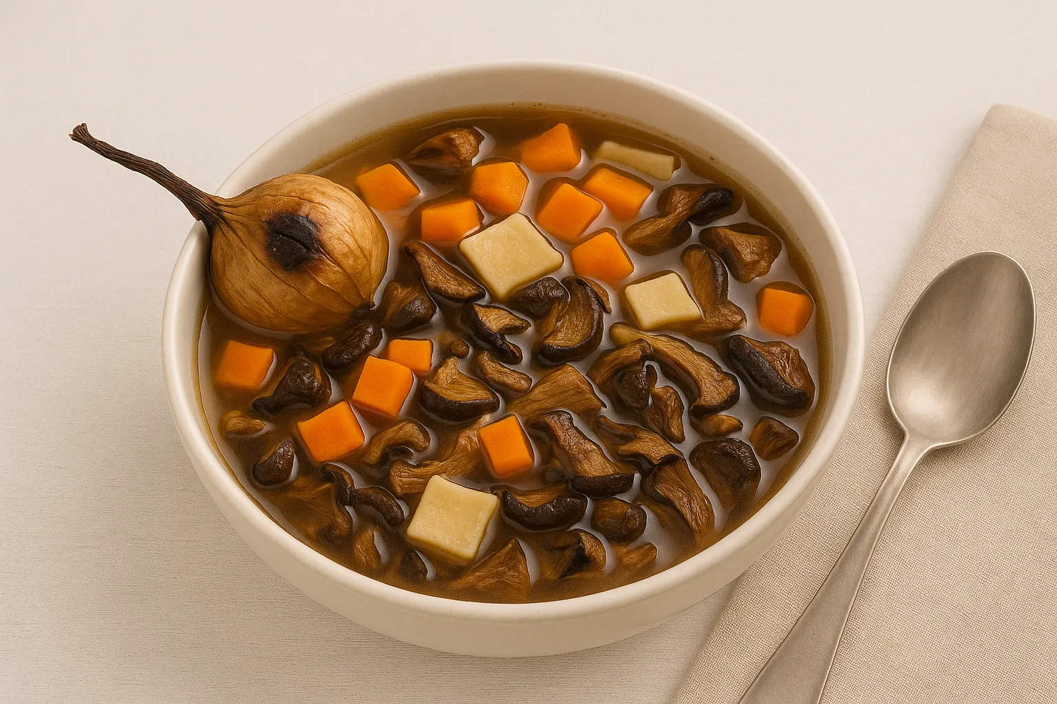 Weihnachtspilzsuppe mit Steinpilzen, Möhren und Nudelflecken in weißer Suppenschale auf hellem Untergrund mit Löffel und gebräunter Zwiebel.