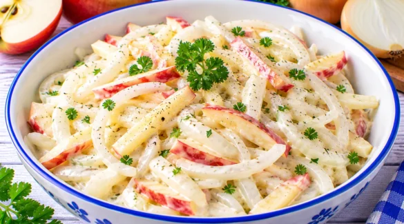 Cremiger Zwiebelsalat mit feinen Apfelstreifen und Zwiebelhalbmonden.