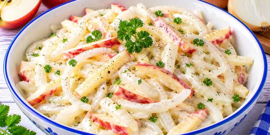 Cremiger Zwiebelsalat mit feinen Apfelstreifen und Zwiebelhalbmonden.