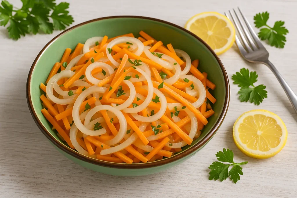  Zwiebelsalat mit Karotten in einer grünen Schale auf hellem Holztisch, garniert mit Zitronenscheiben und frischen Kräutern.