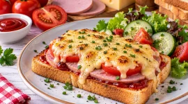 Knuspriger Bierschinkentoast mit Tomaten und geschmolzenem Edamer.