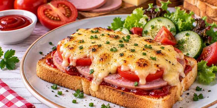 Knuspriger Bierschinkentoast mit Tomaten und geschmolzenem Edamer.