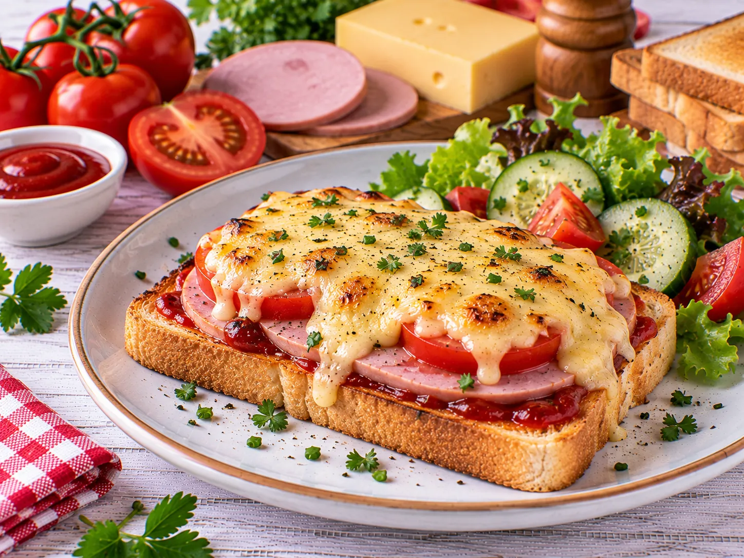 Knuspriger Bierschinkentoast mit Tomaten und geschmolzenem Edamer.