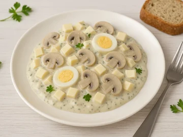 Cremiger Champignon-Käse-Salat mit Käsewürfeln, Champignons und Ei auf weißem Teller, serviert mit Brot auf hellem Holzhintergrund.