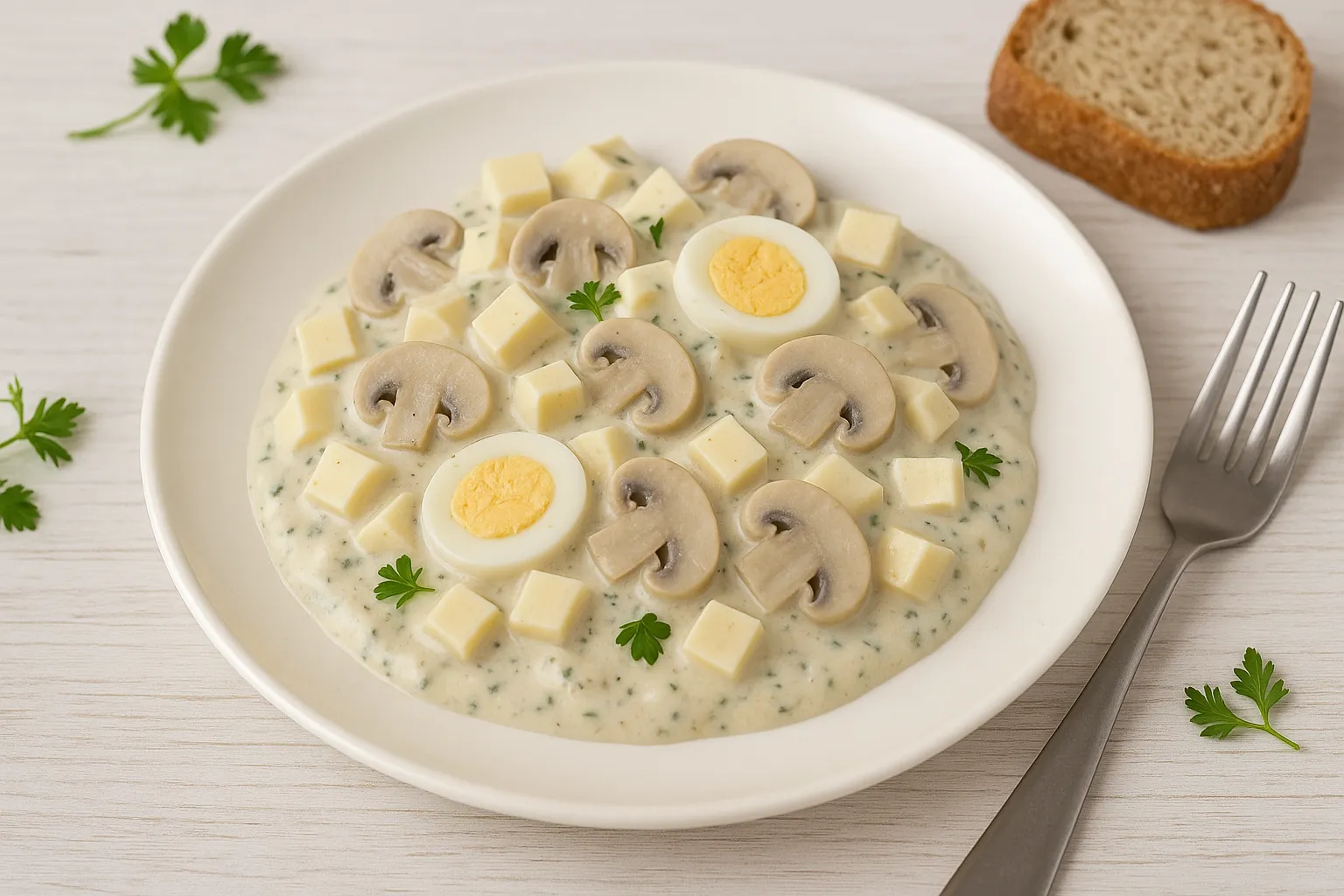 Cremiger Champignon-Käse-Salat mit Käsewürfeln, Champignons und Ei auf weißem Teller, serviert mit Brot auf hellem Holzhintergrund.